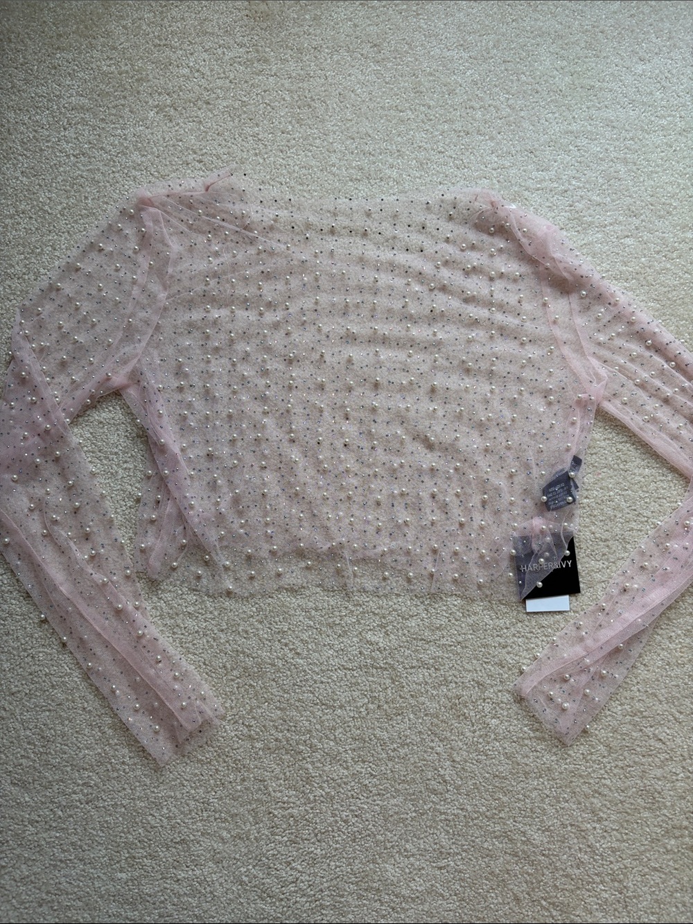 NWT Harper and Ivy sheer pink pearl and crystal top xL